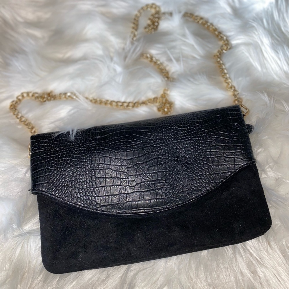 Black Velvet and Faux Animal Skin Clutch Purse